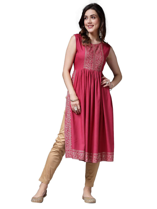 Stylum Women's Solid Rayon Naira Cut Kurta (ROSEGOOFI_Rose Pink)