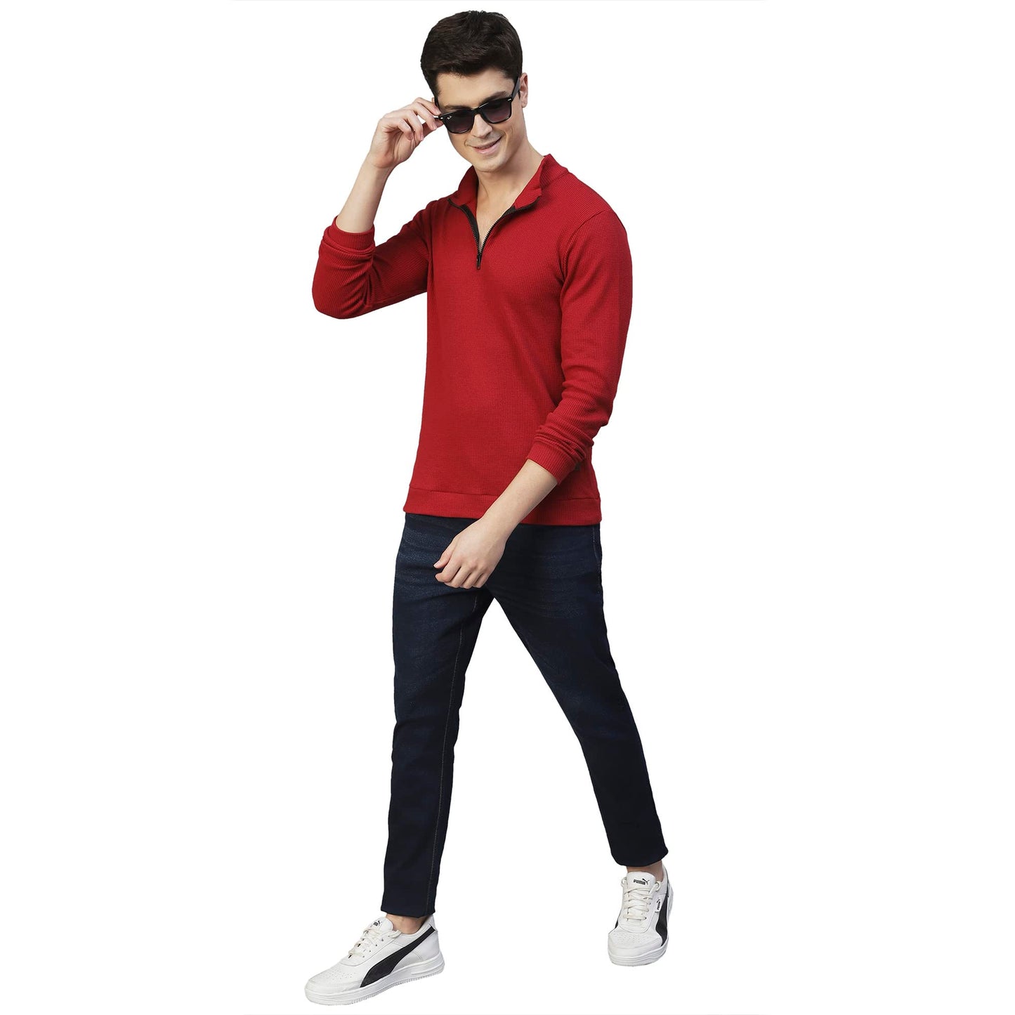 Rigo Men Maroon Henley Neck Full Sleeves Waffle Knit T-Shirt