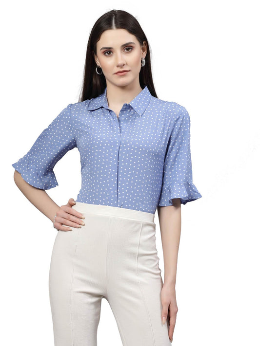 Style Quotient Women Smart Blue & White Polk Dot Flare Sleeve Top