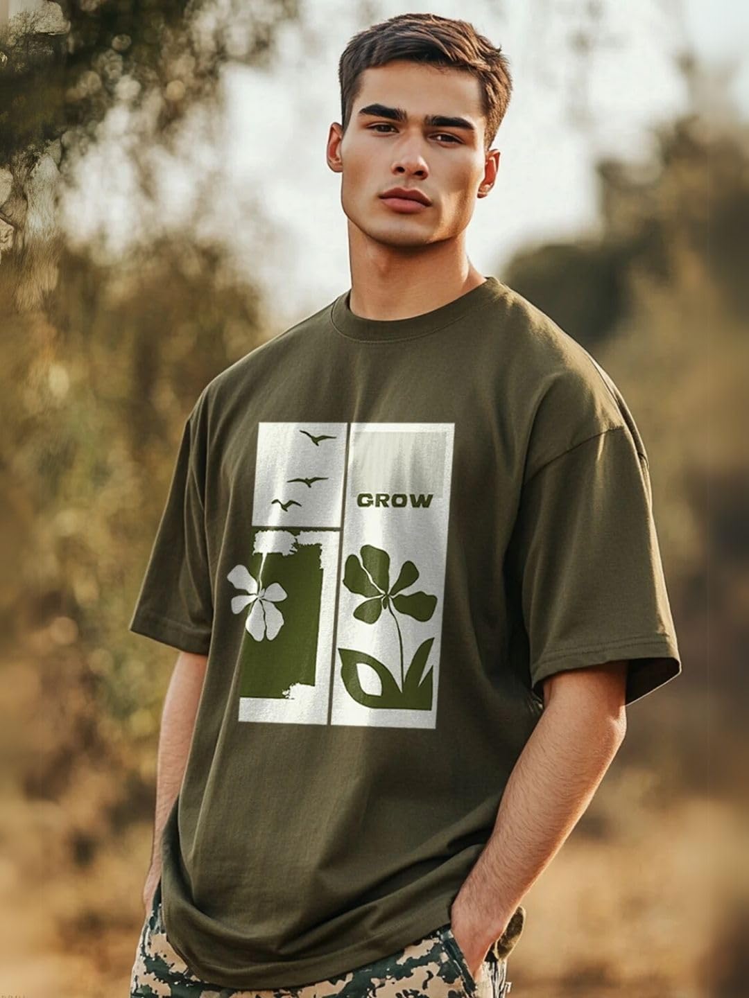 Nobero MenS Graphic Oversized Fit T-Shirt (1M-Twrt-C0869-X_Olive/Powder Blue