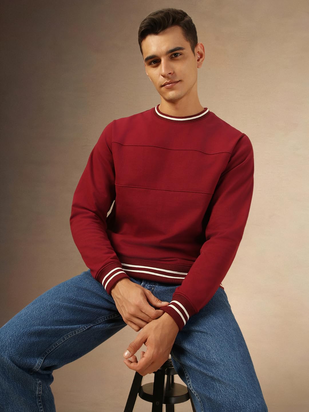 Dennis Lingo Men Regular Fit Cotton Solid Full Sleeves Crew Neck Pullover Sweatshirt Maroon