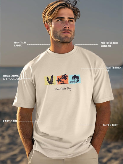 Nobero MenS Graphic Print Regular Fit T-Shirt (1M-Twts-C1030-Sa_Seas The Day-Sand