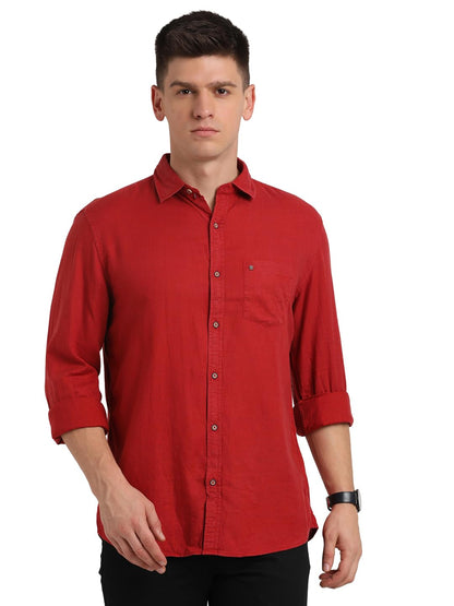 Turtle Men Cotton Lyocell Red Solid Slim Fit Full Sleeve Casual Shirt