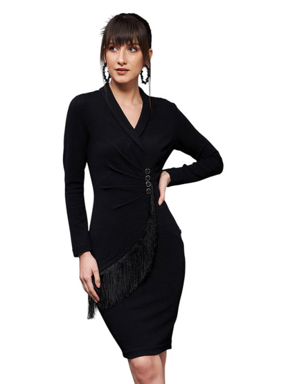 Miss Chase Womens Collared Neck Full Sleeve Bodycon Knee Length Dress (MCSS25D93-22-381-06, Midnight Black, XL)