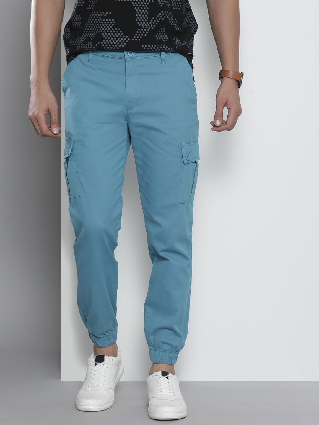 The Indian Garage Co Men Slim Fit Solid Mid-Rise Stretchable Cuffed Cargos Steel Blue