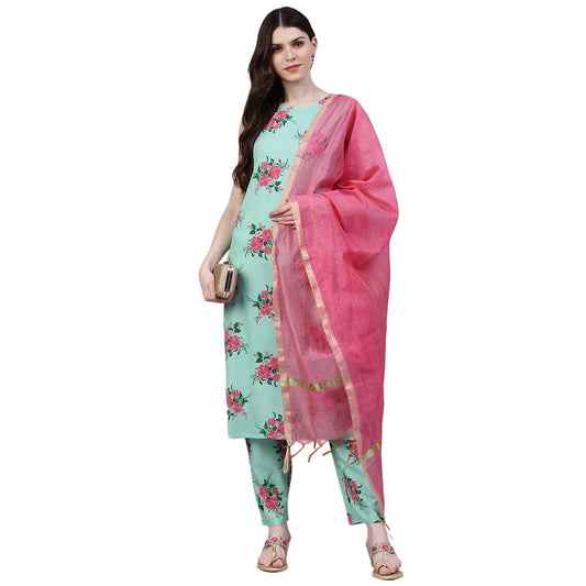 Stylum Women's Printed Rayon Straight Kurta with Pant & Dupatta Set