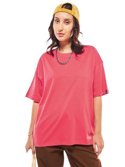 Bewakoof Womens Cotton Solid Oversized Fit T-Shirt_616047_Pink_S