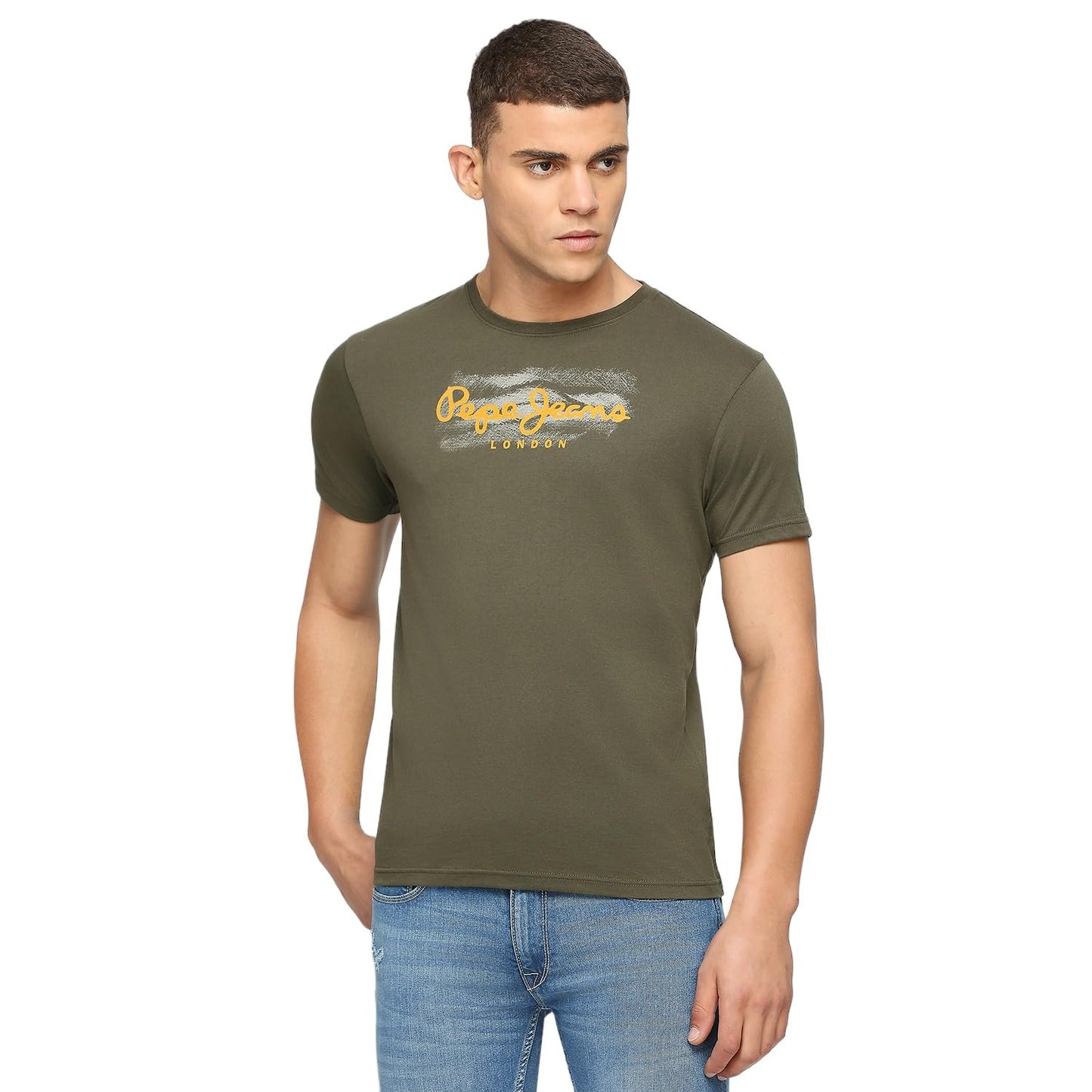 Pepe Jeans Men Cotton Slim Fit Printed T-Shirts Olive Green, Large