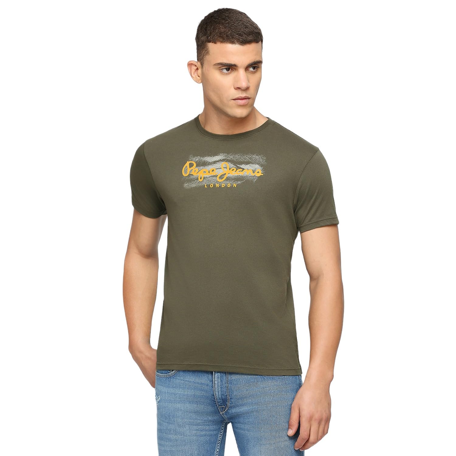 Pepe Jeans Men Cotton Slim Fit Printed T-Shirts Olive Green, Large
