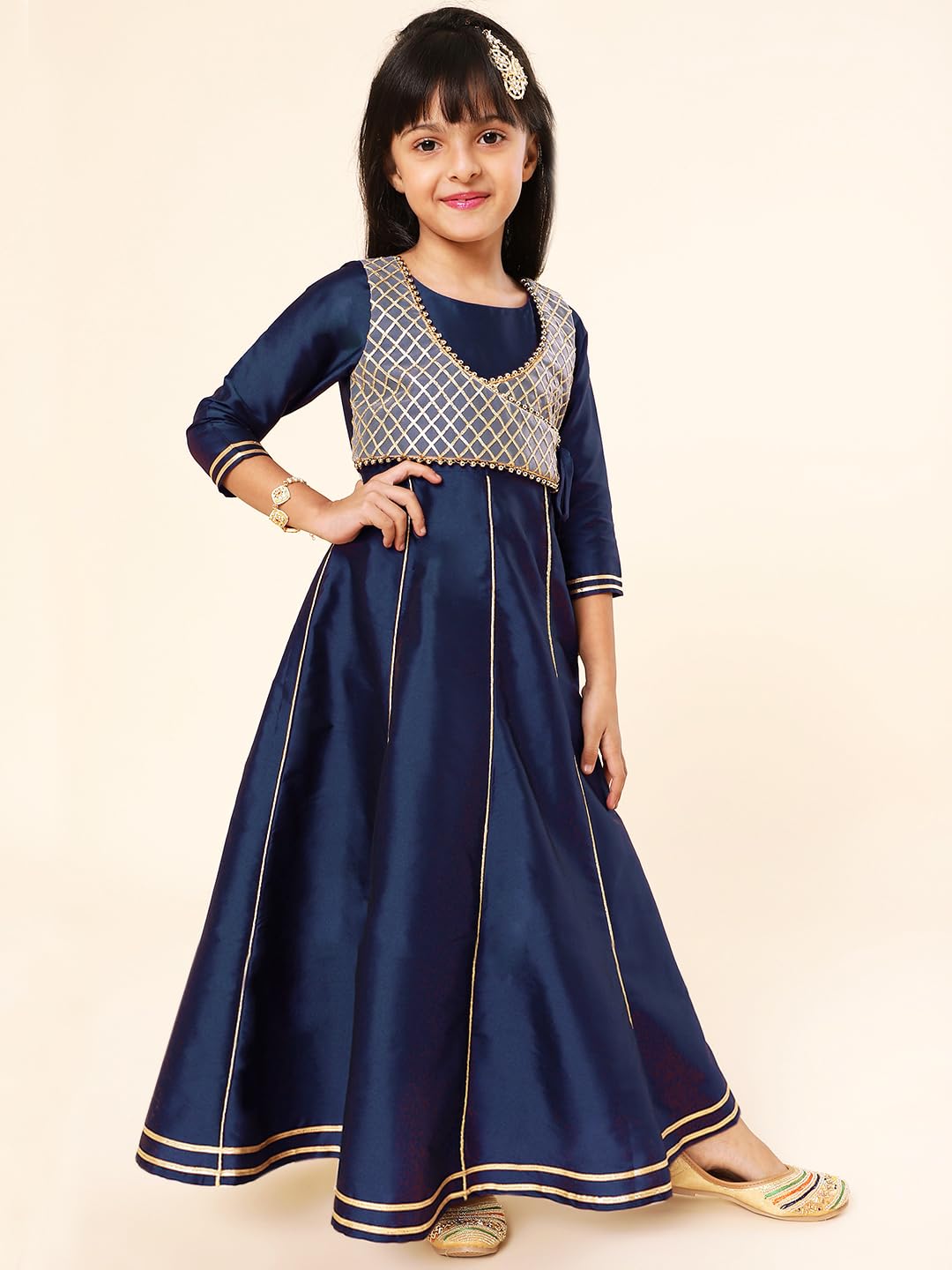 A.T.U.N. (ALL THINGS UBER NICE) Girls Woven Design Gota Jacket Anarkali Gown Navy Blue