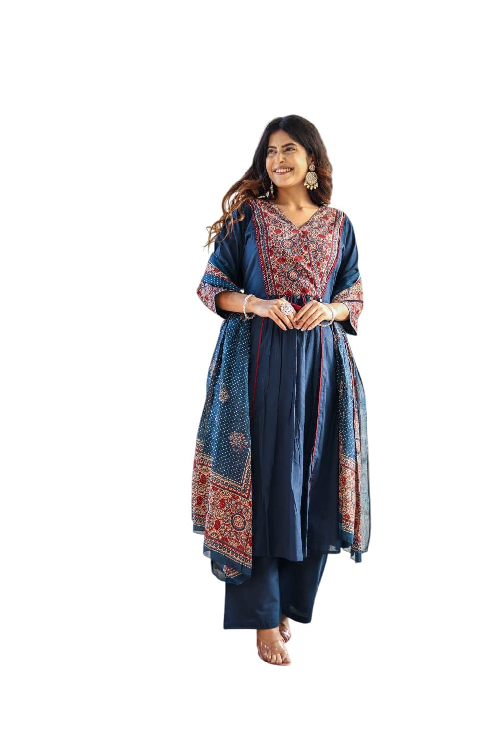 Stylum Womens Ajrakh Printed Cotton A-Line Kurta Pant Dupatta Set