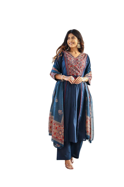 Stylum Womens Ajrakh Printed Cotton A-Line Kurta Pant Dupatta Set