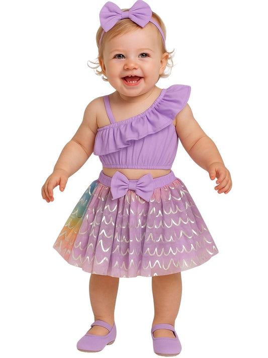 A.T.U.N. (ALL THINGS UBER NICE) Baby Girls One Shoulder Crop Top with Printed Skirt & Matching Headband