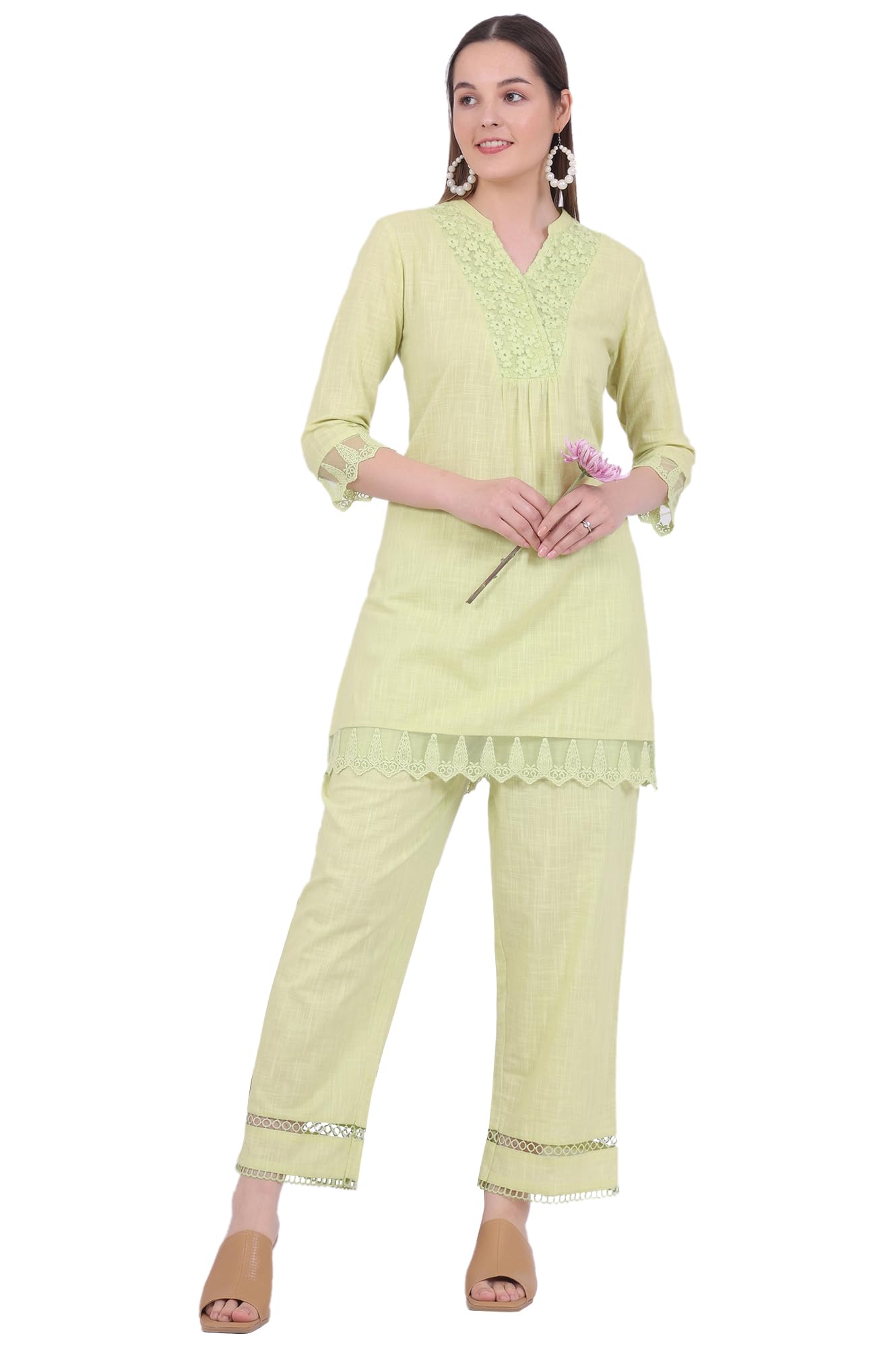 Aurelia Women's Green Solid Pure Cotton A-Line Kurta & Palazzos Set (Size: L)-AS15817-608300
