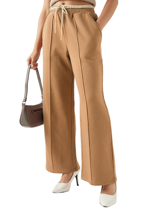 Bewakoof Heavy Duty 1.0 Womens Solid Wide Leg Cotton Poly Plus Size Pant_654853_Brown_XS