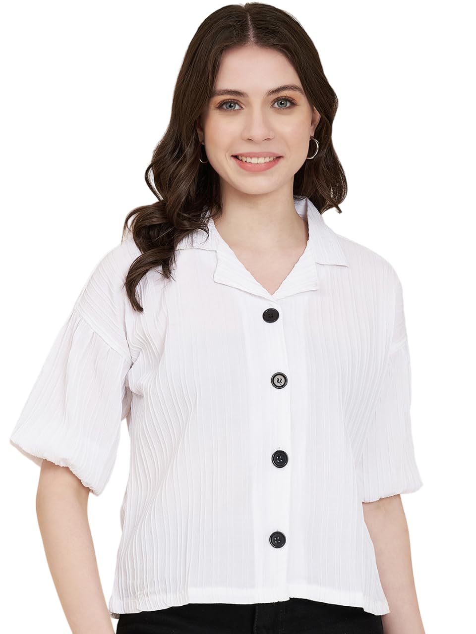Vairagee Women Cotton Blend White Striped Pattern V-Collar Half Sleeve Stylish Boxy Shirt (1621)