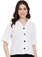 Vairagee Women Cotton Blend White Striped Pattern V-Collar Half Sleeve Stylish Boxy Shirt (1621)
