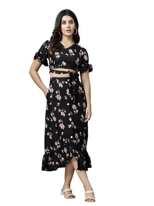 Oomph! Crepe Crop Top And Skirt Set For Women, Black - Coord_Mt895Msk203