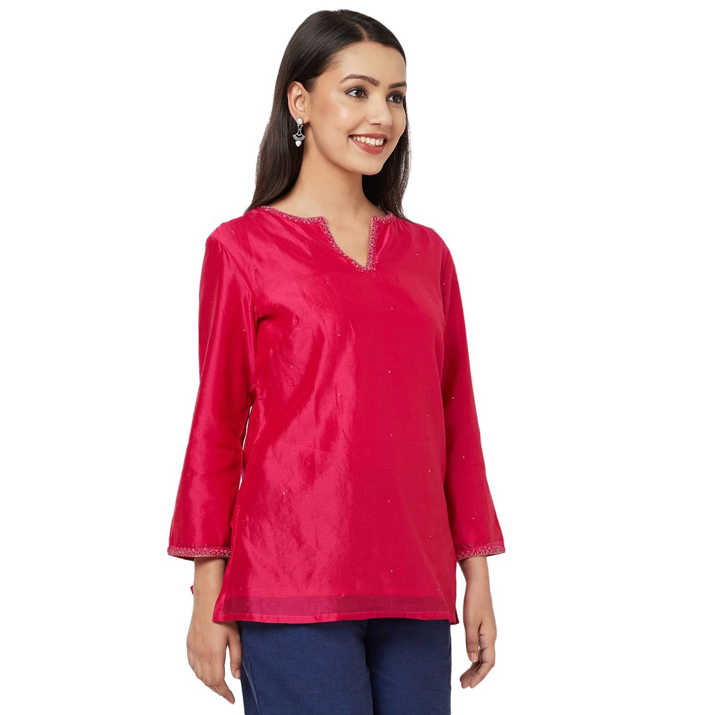 Fabindia Cotton Silk Stitch line Short Kurta (Teal-10696933)
