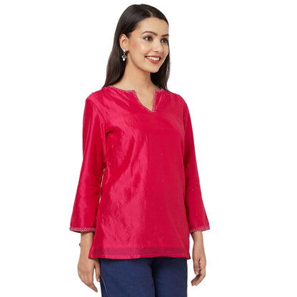 Fabindia Cotton Silk Stitch line Short Kurta (Teal-10696933)