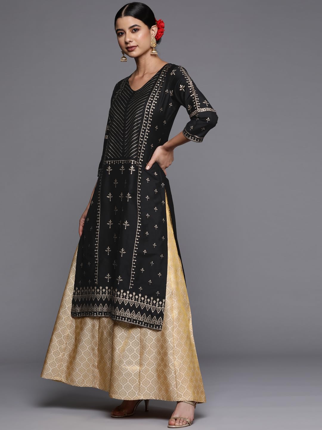 Libas WomenS Silk Printed Straight Kurta (24031O_Black