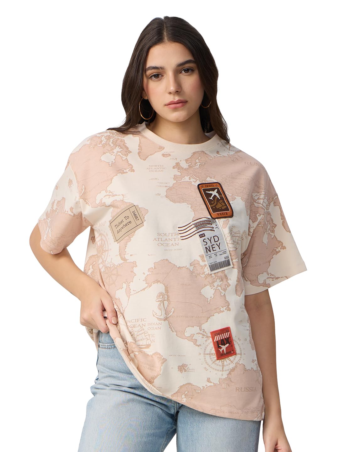 The Souled Store Travel Women and Girls Short Sleeves Round Neck Beige All Over Printed Cotton Oversized T-Shirts
