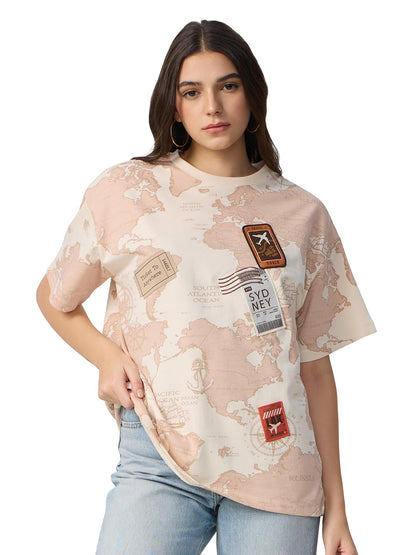The Souled Store Travel Women and Girls Short Sleeves Round Neck Beige All Over Printed Cotton Oversized T-Shirts