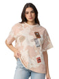 The Souled Store Travel Women and Girls Short Sleeves Round Neck Beige All Over Printed Cotton Oversized T-Shirts