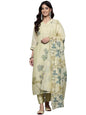 Varanga Women Olive Floral Printed Thread Embroidered Kurta With Bottom And Dupatta, Scallop V Neck, Three-Quarter Sleeves, Stra