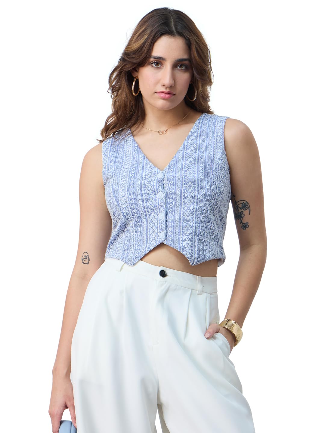 The Souled Store Linen Blend Vest: Aztec Women and Girls V Neck Sleeveless Button Front Blue Printed Polyester Blend Regular Fit