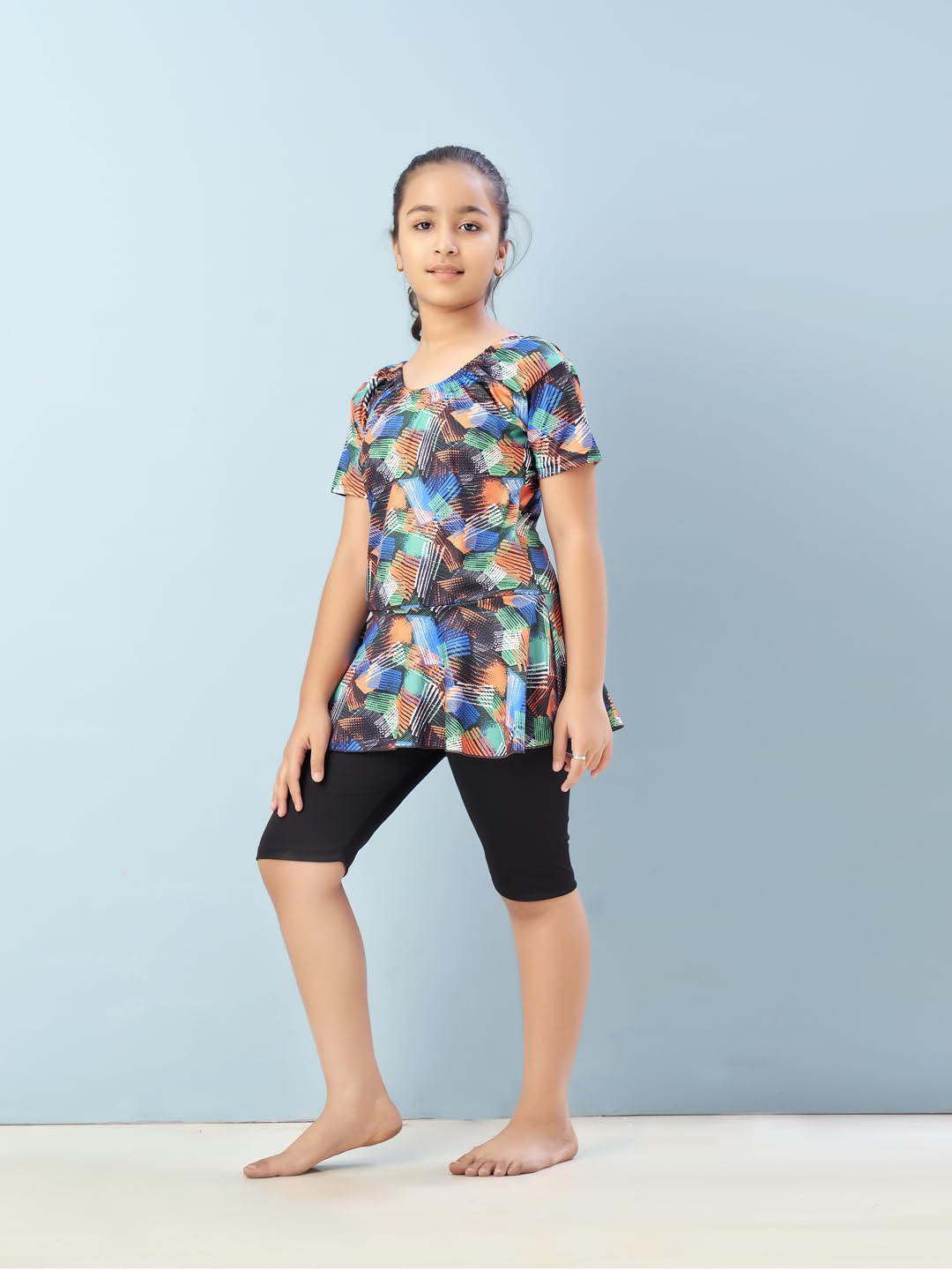 Aarika Girls Sports Wear Orange-Black Colour Abstract Print Nylon Swim Suit (5-15 Years)-(SW-SHM-CA-1112)