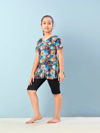 Aarika Girls Sports Wear Orange-Black Colour Abstract Print Nylon Swim Suit (5-15 Years)-(SW-SHM-CA-1112)