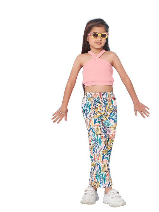 Pspeaches Girls Sleeveless Top With Tropical Printed Trouser