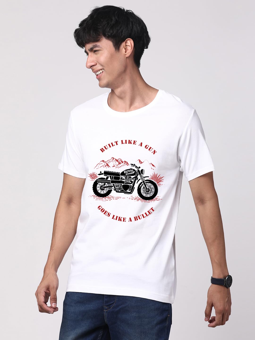 ADRO Men's Royal Bike Design Printed 100% Cotton T-Shirt - Regular Fit, Printed T-Shirts for Men (RN24-RYL-WH_White)