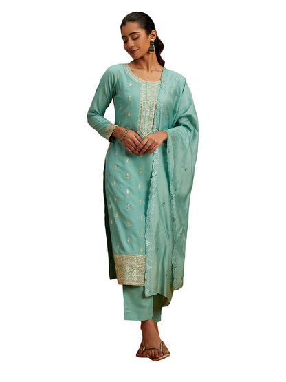 Libas Womens Embroidered Silk Straight Kurta With Trousers And Dupatta