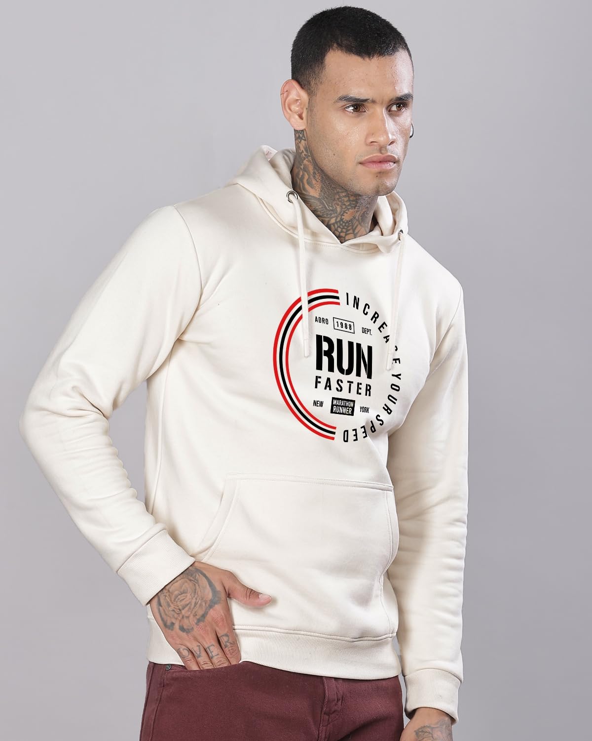 ADRO Men's Cotton Neck Hooded Sweatshirt (H24-FAST-WS_White Sand