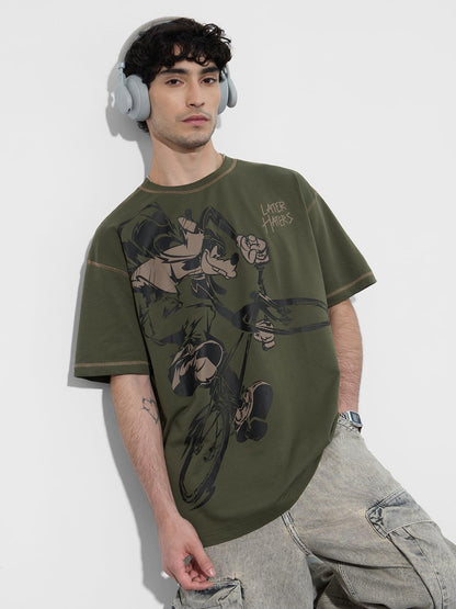 The Souled Store Disney: Later Haters Men and Boys Short Sleeves Round Neck Green Graphic Printed Cotton Oversized T-Shirts