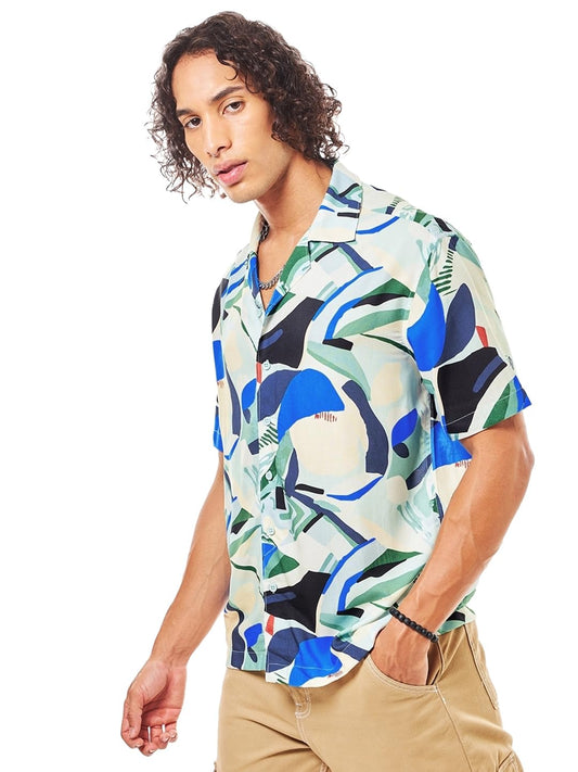 Bewakoof Mens All Over Printed Regular Fit Half Sleeve Resort Collar Rayon Shirt_624410_Multicolor_S