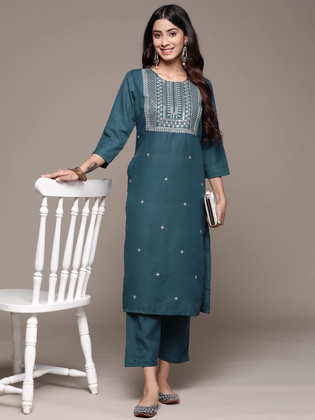 anubhutee Women's Rayon Blue Ethnic Motifs Zari Work Embroidered Straight Kurta Suit Set with Pants