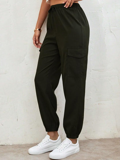 TAGAS Womens Solid Flap Pocket Side Drawstring Waist Cargo Pants || Cargo for Women