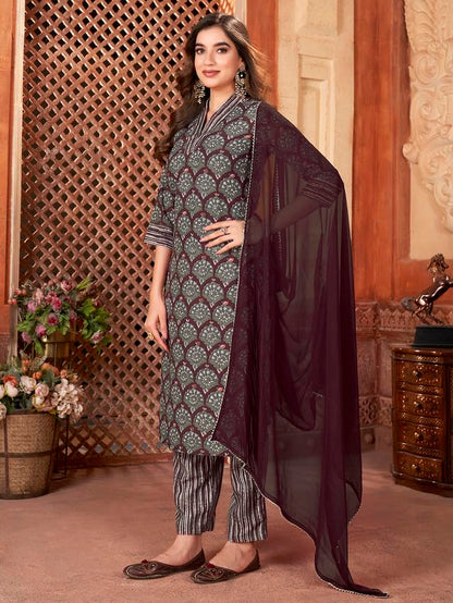 Sanisa Women's Rayon Blend Digital Printed Straight Kurta Set with Dupatta