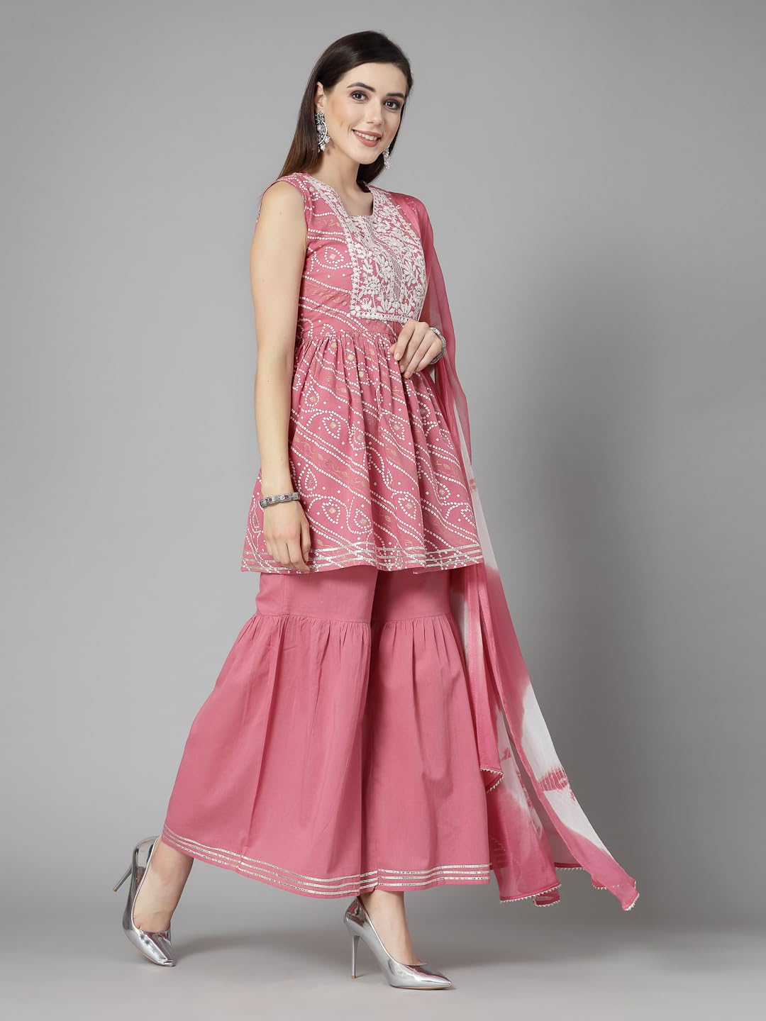 Stylum Women's Bandhej Printed & Embroidered Cotton Kurta Pant With Dupattat (Ksdmorjim_Mulberry)