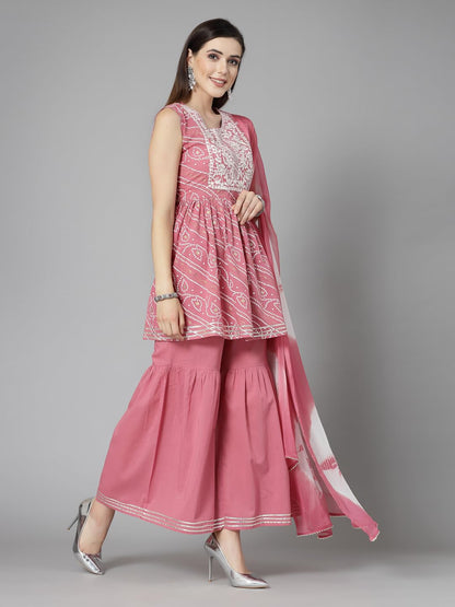 Stylum Women's Bandhej Printed & Embroidered Cotton Kurta Pant With Dupattat (Ksdmorjim_Mulberry)