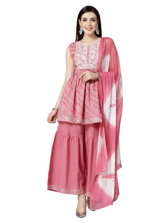 Stylum Women's Bandhej Printed & Embroidered Cotton Kurta Pant With Dupattat (Ksdmorjim_Mulberry)