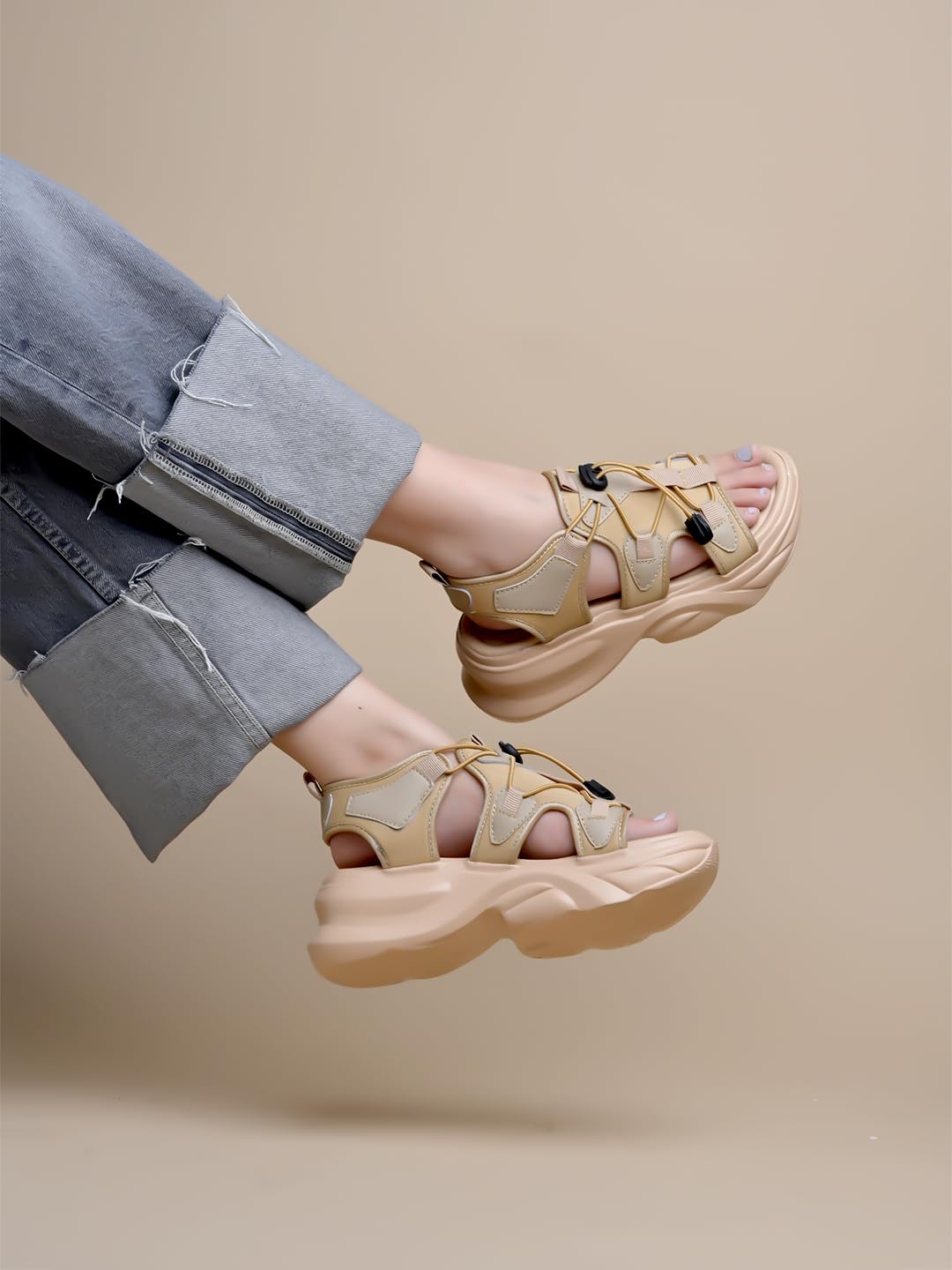 Shoetopia Sports Sandals for Women, Flexible & Comfortable, Size 6.5, Beige, Model Joke-Beige