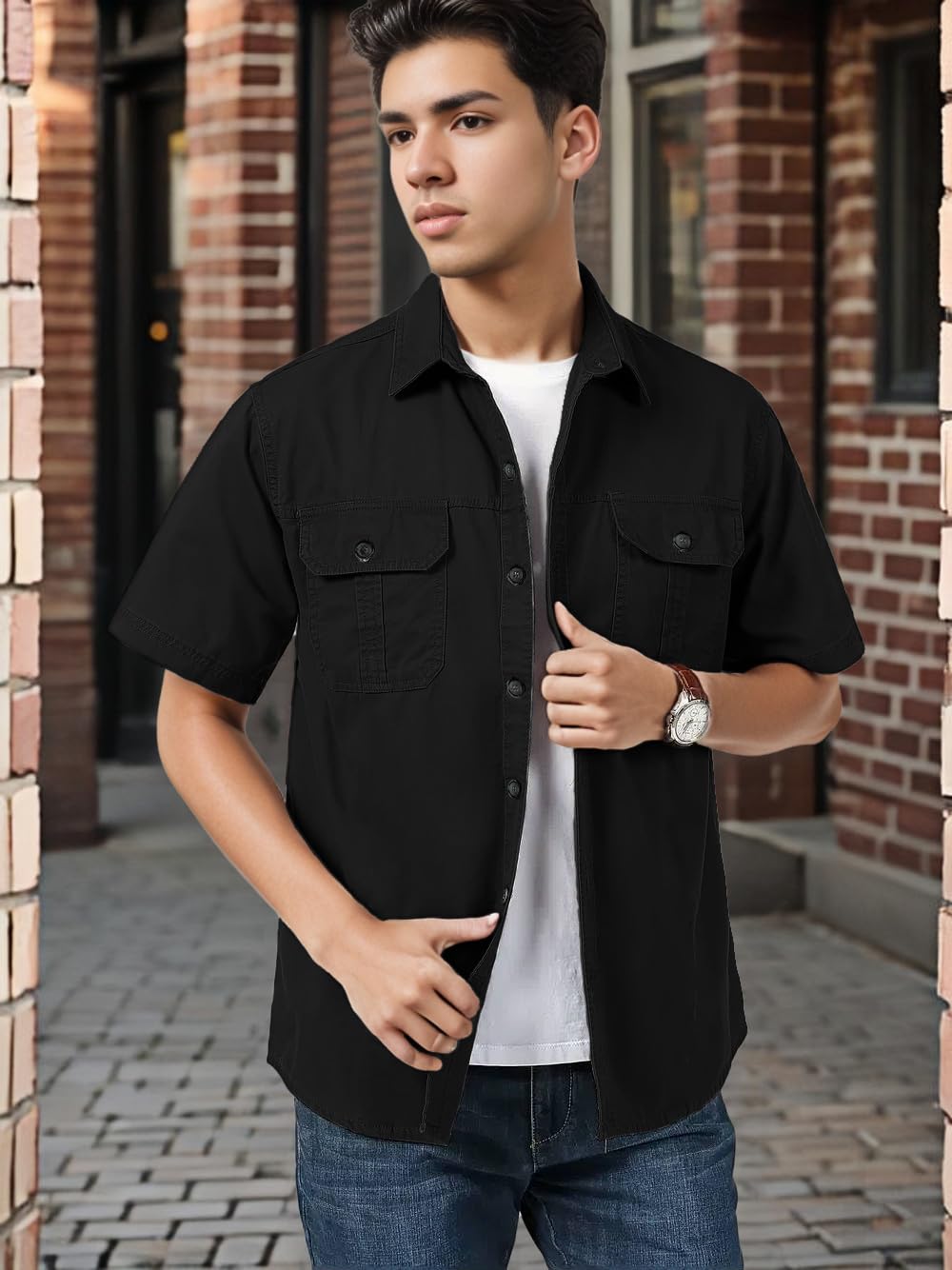 SMOWKLY Mens Casual Solid Printed Cotton Regular Fit Shirt || Half Sleeve, Button Down, Double Front Pocket || Denim Jacket Sty