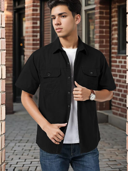 SMOWKLY Mens Casual Solid Printed Cotton Regular Fit Shirt || Half Sleeve, Button Down, Double Front Pocket || Denim Jacket Sty