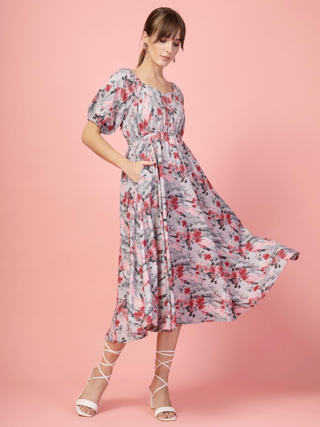 Oomph! Flared Dress For Women Stylish | Long One Piece For Women | Puff Sleeve Long Dress | Floral Print Maxi One Piece | Wester
