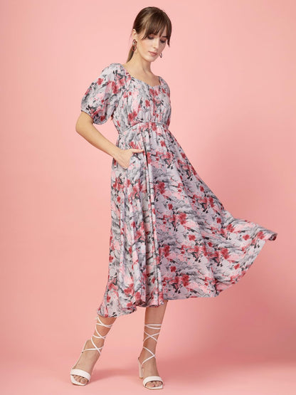 Oomph! Flared Dress For Women Stylish | Long One Piece For Women | Puff Sleeve Long Dress | Floral Print Maxi One Piece | Wester
