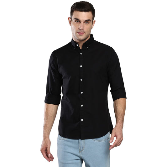 Dennis Lingo MenS Solid Black Slim Fit Cotton Oxford Casual Shirt With Button-Down Collar & Full Sleeves